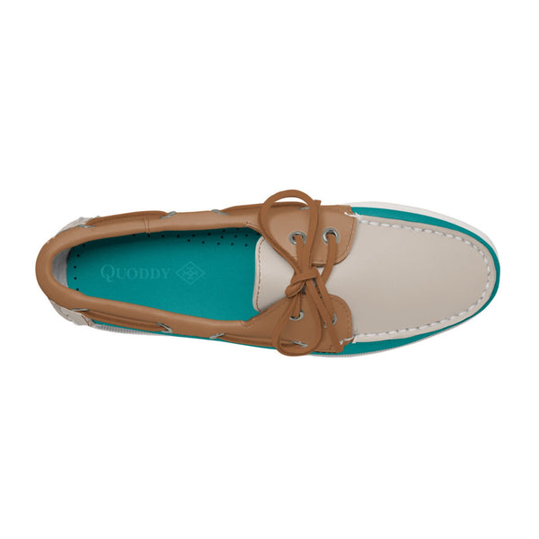 Quoddy Women's 2 Eyelet LE Boat Shoe: Turquoise/Ivory/Tan