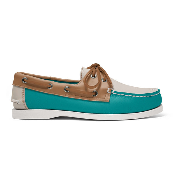 quoddy Women's 2 Eyelet LE Boat Shoe: Turquoise/Ivory/Tan