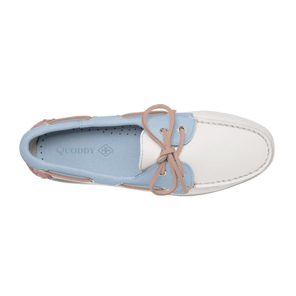 Quoddy Women's 2 Eyelet LE Boat Shoe: White/Lt Blue/Pink