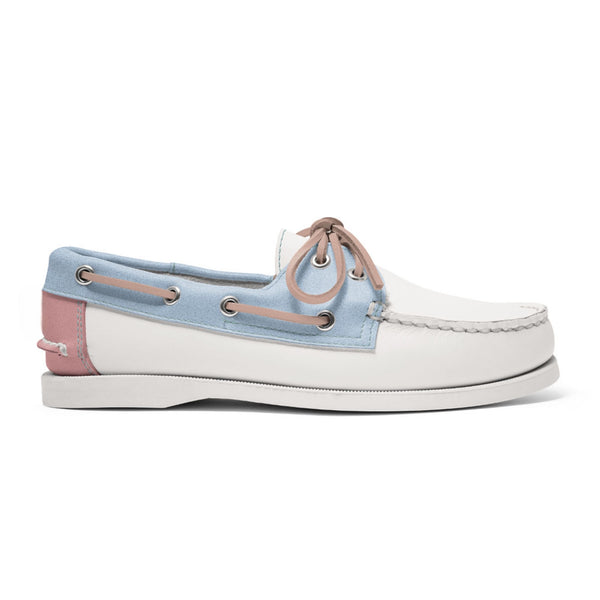 quoddy Women's 2 Eyelet LE Boat Shoe: White/Lt Blue/Pink