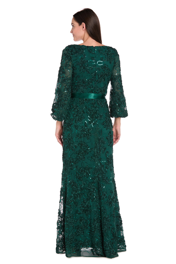 R&m Richards 3D Floral V-Neck Evening Gown With Balloon Sleeves And Satin Waist Bow