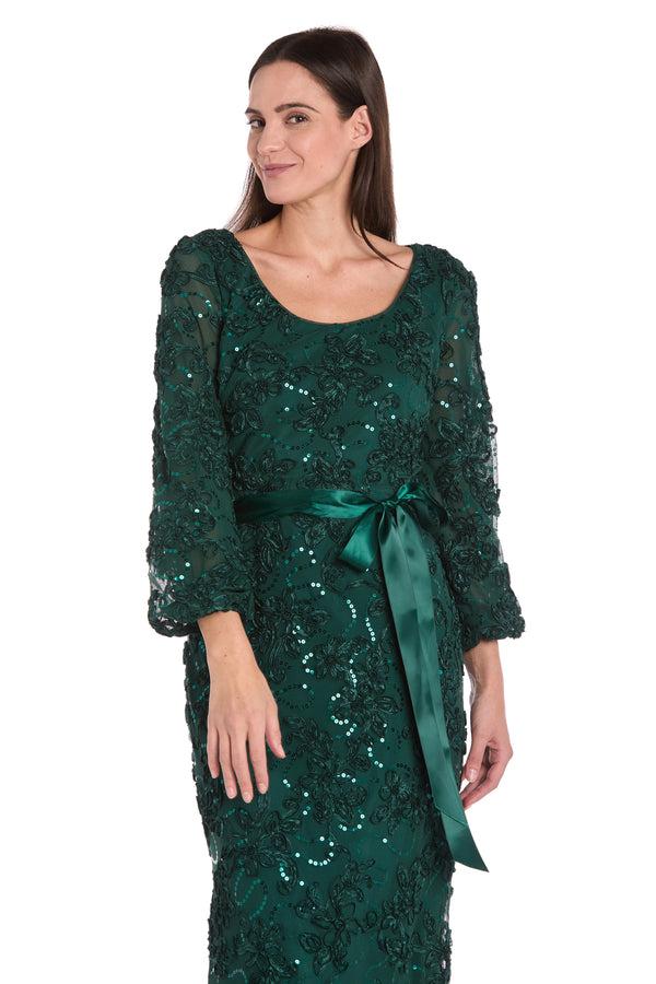 R&m Richards 3D Floral V-Neck Evening Gown With Balloon Sleeves And Satin Waist Bow