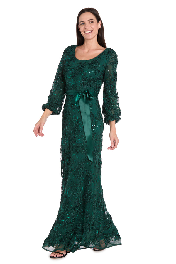 R&m Richards 3D Floral V-Neck Evening Gown With Balloon Sleeves And Satin Waist Bow