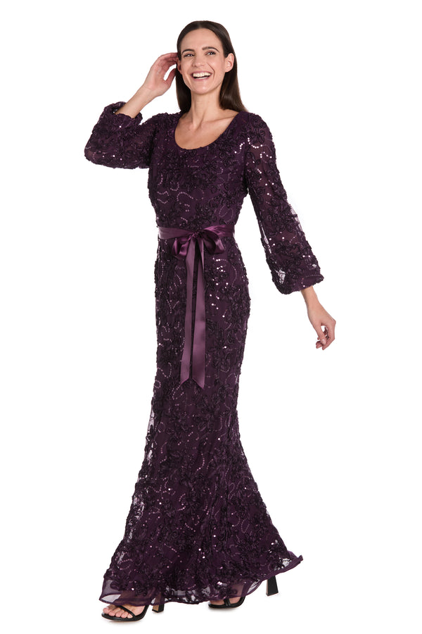 R&m Richards 3D Floral V-Neck Evening Gown With Balloon Sleeves And Satin Waist Bow - Petite