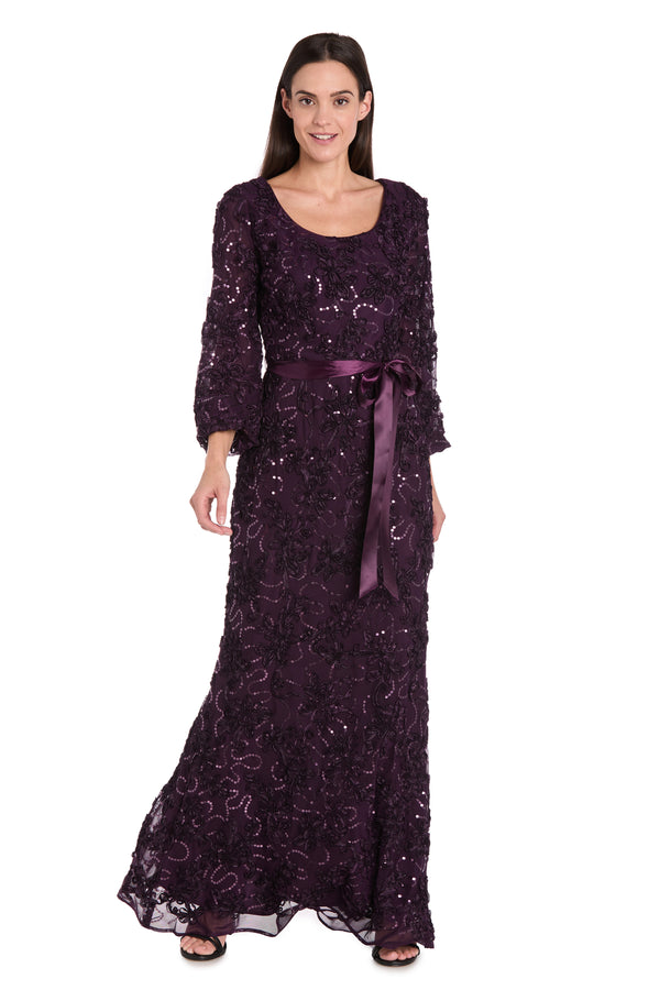 r&m richards 3D Floral V-Neck Evening Gown with Balloon Sleeves and Satin Waist Bow - Petite