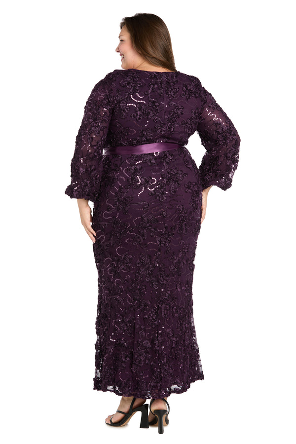 R&m Richards 3D Floral V-Neck Evening Gown With Balloon Sleeves And Satin Waist Bow - Plus