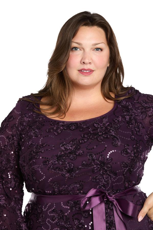 R&m Richards 3D Floral V-Neck Evening Gown With Balloon Sleeves And Satin Waist Bow - Plus