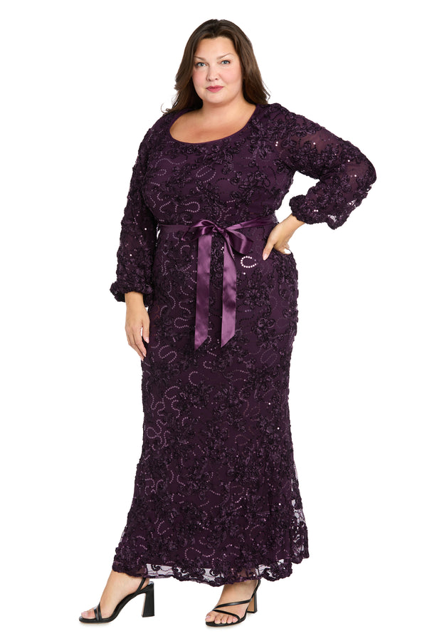 R&m Richards 3D Floral V-Neck Evening Gown With Balloon Sleeves And Satin Waist Bow - Plus