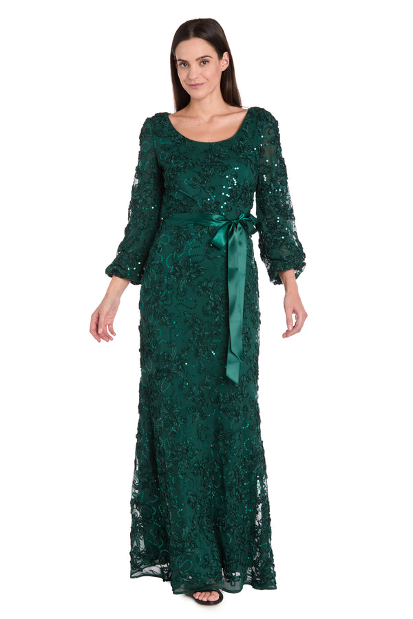 r&m richards 3D Floral V-Neck Evening Gown with Balloon Sleeves and Satin Waist Bow