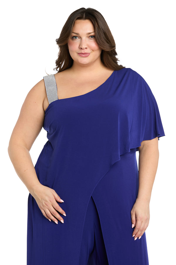 R&m Richards Asymmetric Jumpsuit With Overlay And Rhinestone Shoulder Strap - Plus