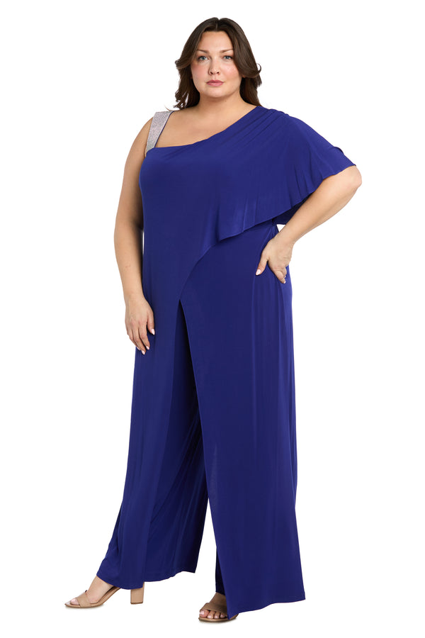 R&m Richards Asymmetric Jumpsuit With Overlay And Rhinestone Shoulder Strap - Plus