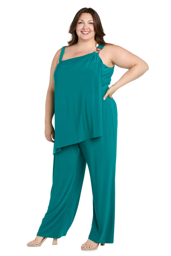 R&m Richards Asymmetrical Draped Jade Jumpsuit - Plus