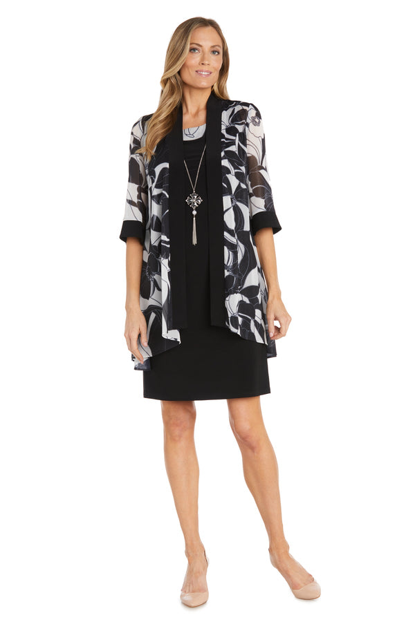 r&m richards Black and White Floral Patterned Jacket Dress - Petite
