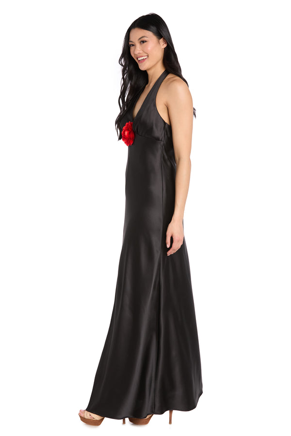 R&m Richards Black Satin Dress With Red Flower Detail