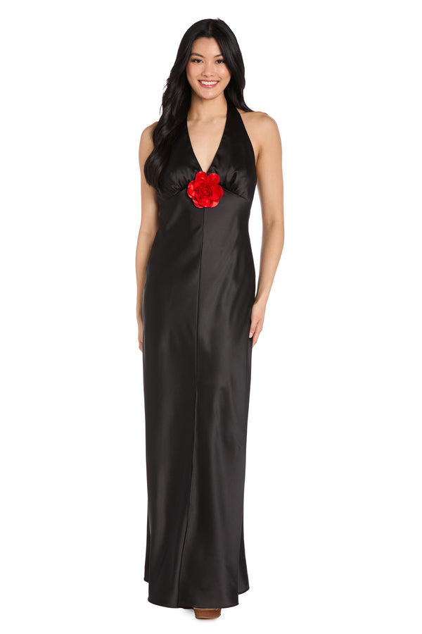 r&m richards Black Satin Dress with Red Flower Detail