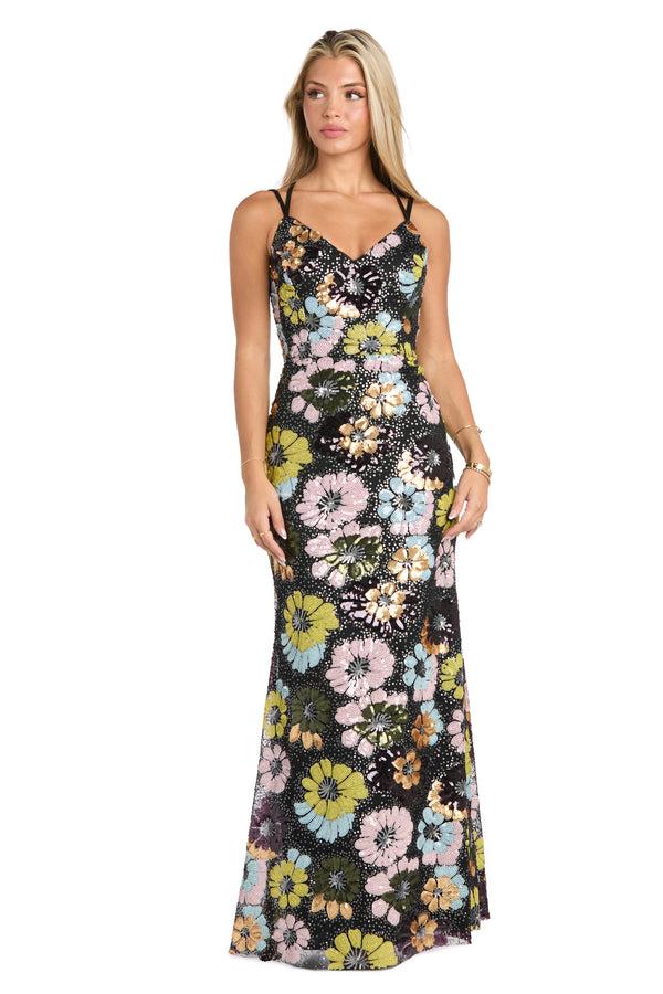 R&m Richards Black Sequin Floral Long Formal Dress With Strappy Back