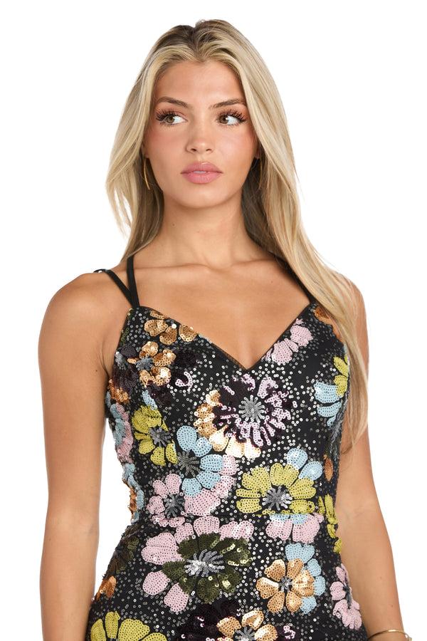 R&m Richards Black Sequin Floral Long Formal Dress With Strappy Back