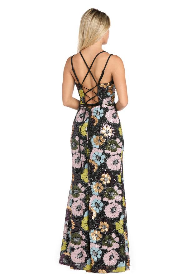 R&m Richards Black Sequin Floral Long Formal Dress With Strappy Back
