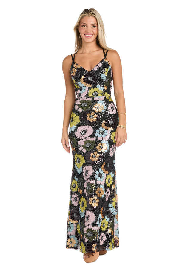 r&m richards Black Sequin Floral Long Formal Dress with Strappy Back