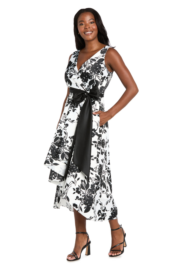 R&m Richards Black & White Printed Lamour High-Low Wrap Dress With Satin Sash