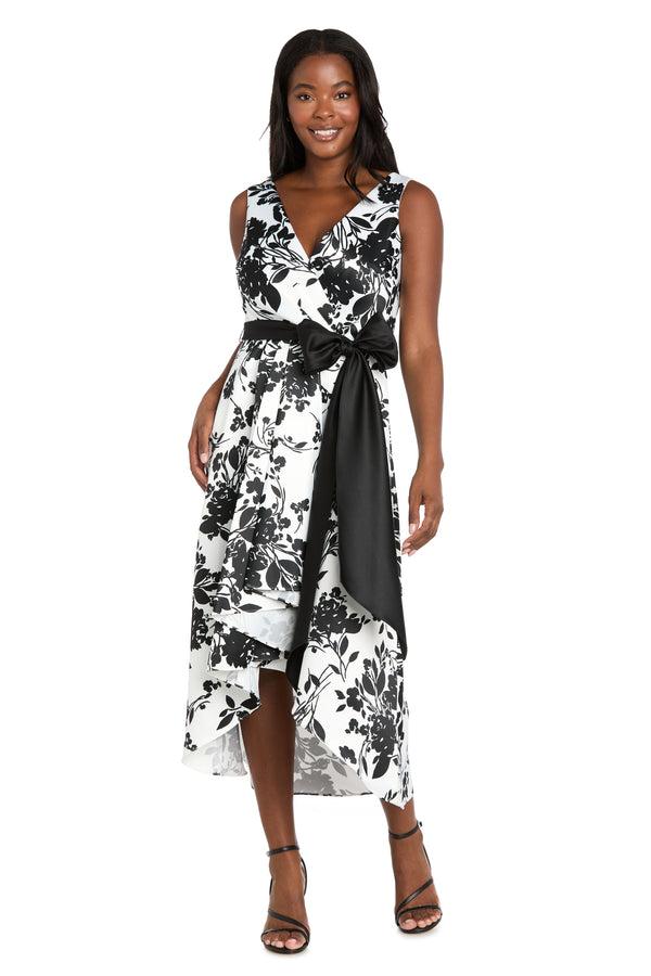 r&m richards Black & White Printed Lamour High-Low Wrap Dress with Satin Sash
