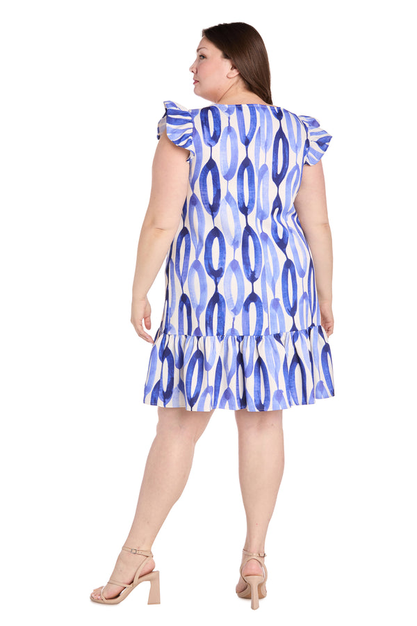 R&m Richards Blue And White Oval Pattern Short Dress With Ruffled Sleeves - Plus