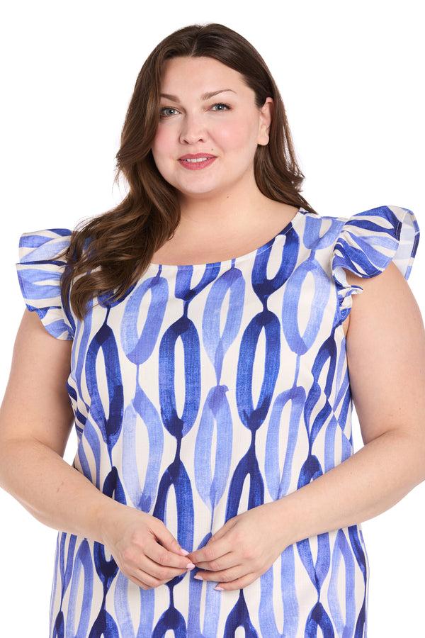 R&m Richards Blue And White Oval Pattern Short Dress With Ruffled Sleeves - Plus