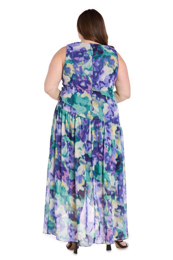 R&m Richards Blue Bloom High-Low Chiffon Dress - Plus