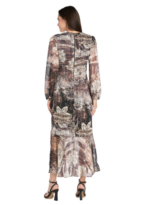 R&m Richards Brown Patterned Midi Dress With Gold Waist Pendant