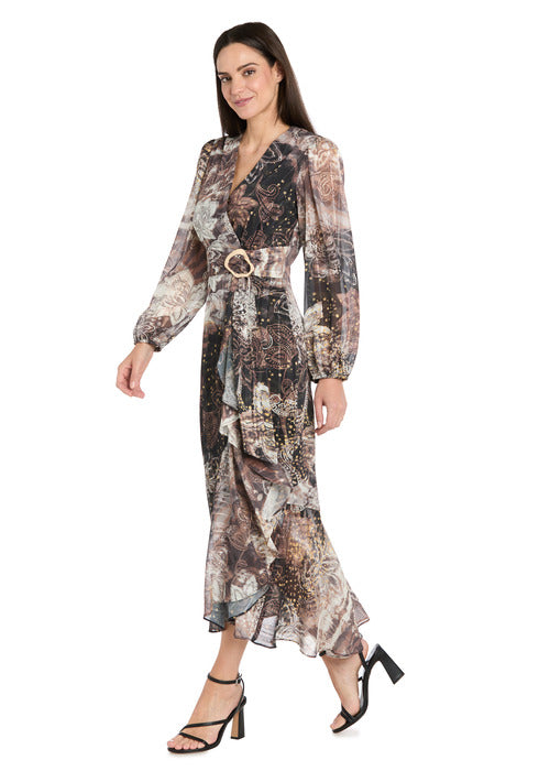 R&m Richards Brown Patterned Midi Dress With Gold Waist Pendant