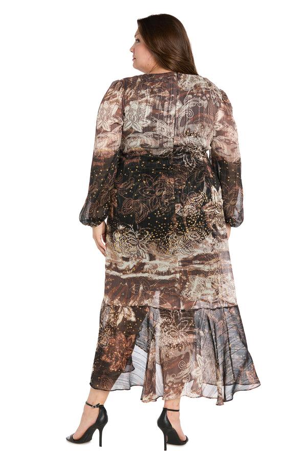 R&m Richards Brown Patterned Midi Dress With Gold Waist Pendant - Plus