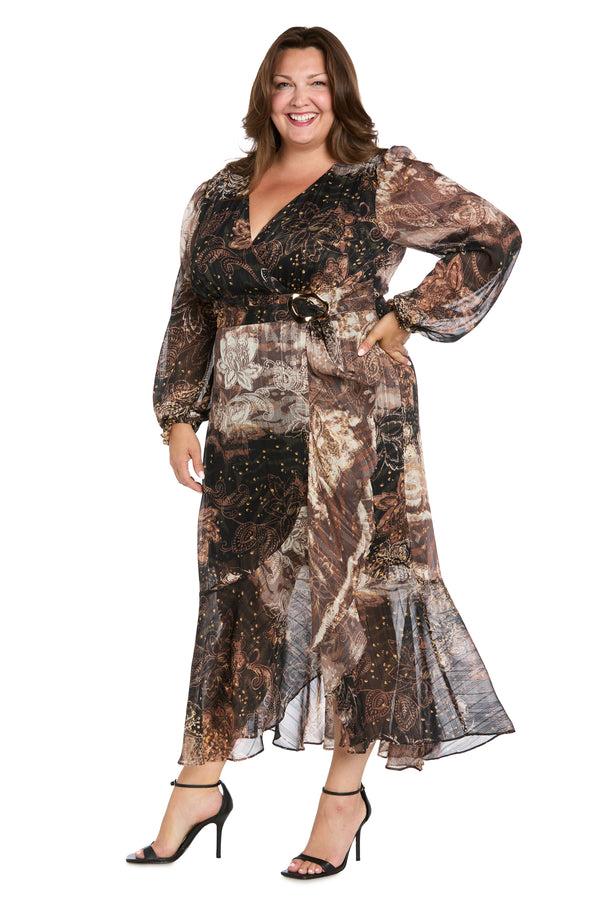R&m Richards Brown Patterned Midi Dress With Gold Waist Pendant - Plus