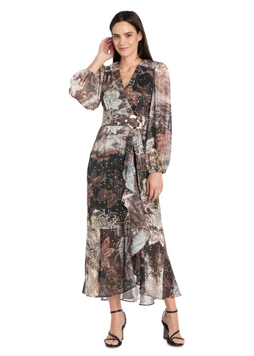 r&m richards Brown Patterned Midi Dress with Gold Waist Pendant