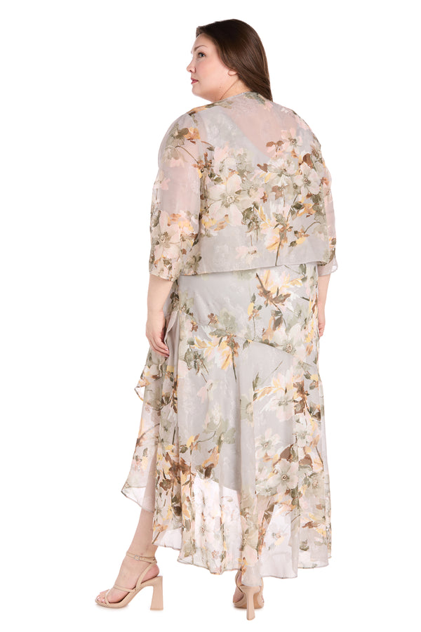 R&m Richards Celadon Printed Chiffon Spring Dress With Detachable Jacket And High-Low Skirt - Plus