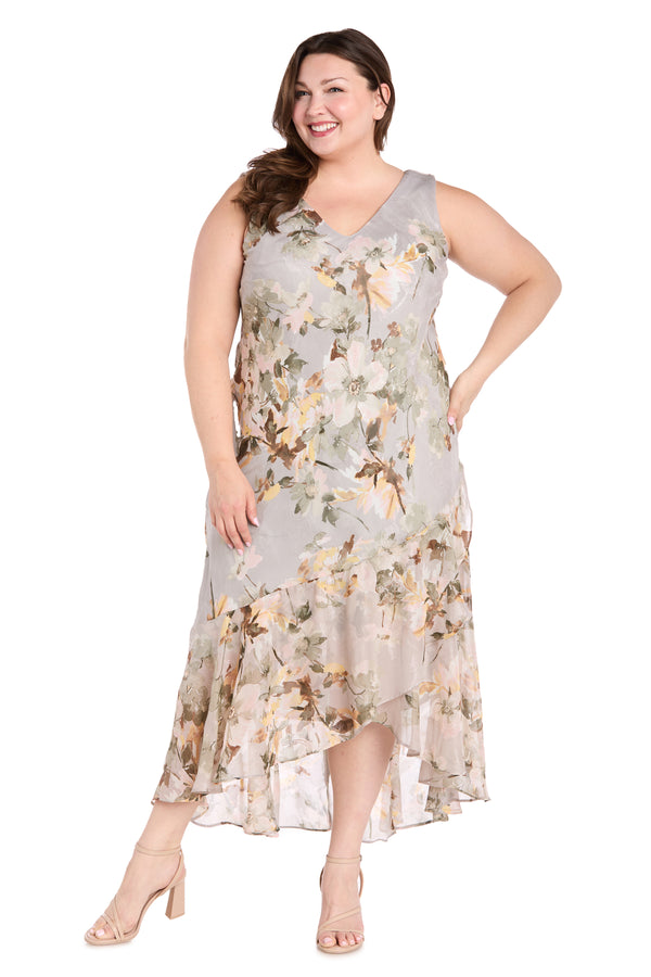 R&m Richards Celadon Printed Chiffon Spring Dress With Detachable Jacket And High-Low Skirt - Plus