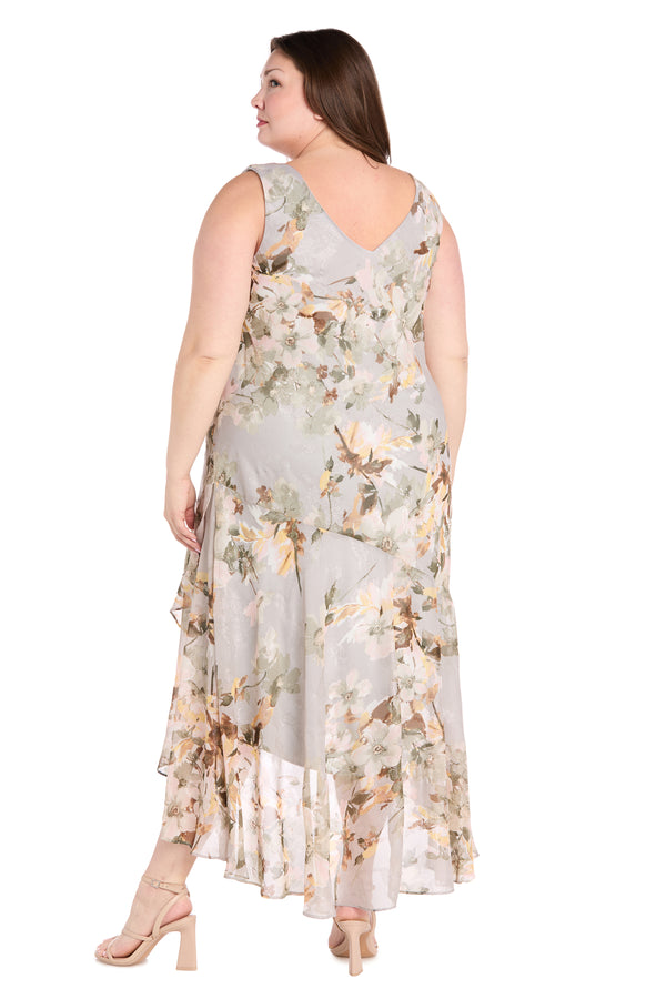 R&m Richards Celadon Printed Chiffon Spring Dress With Detachable Jacket And High-Low Skirt - Plus