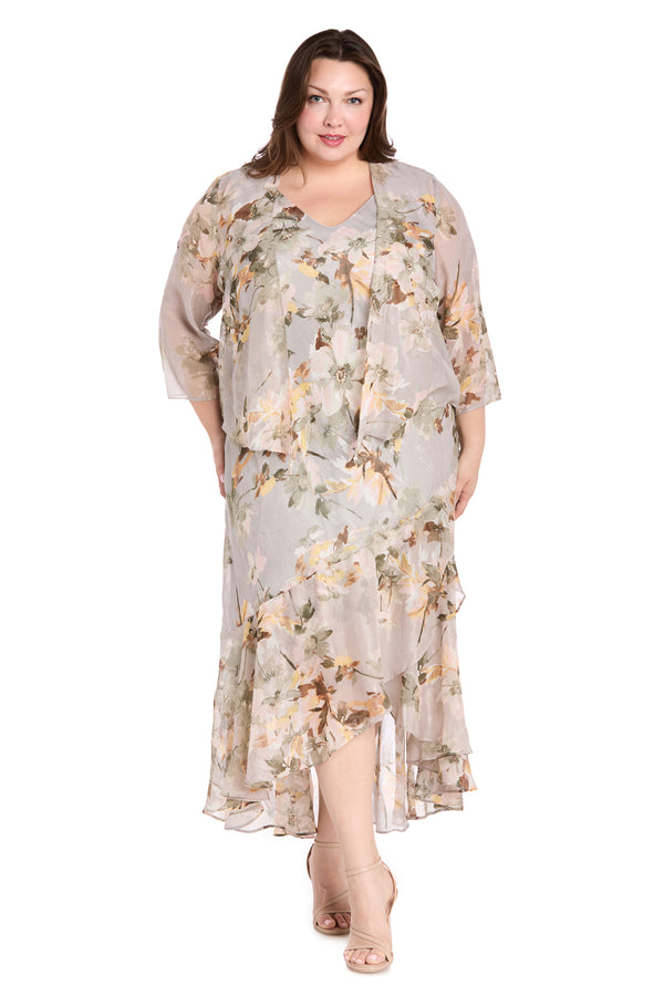 r&m richards Celadon Printed Chiffon Spring Dress with Detachable Jacket and High-Low Skirt - Plus