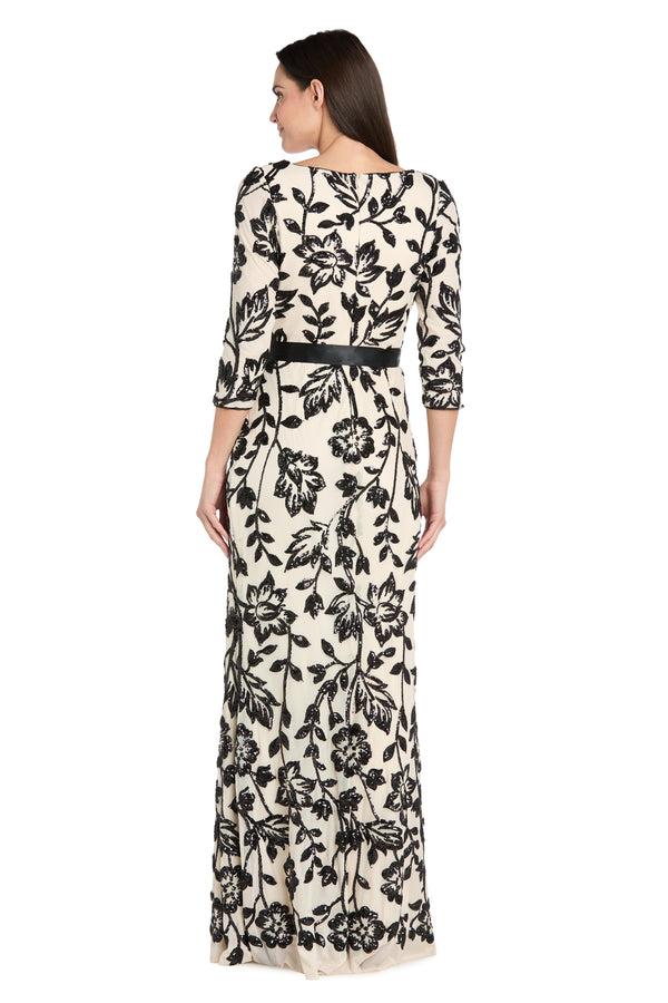 R&m Richards Champagne & Black Long Floral Beaded Gown