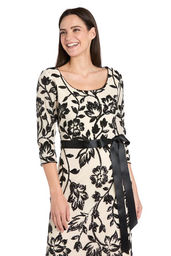 R&m Richards Champagne & Black Long Floral Beaded Gown