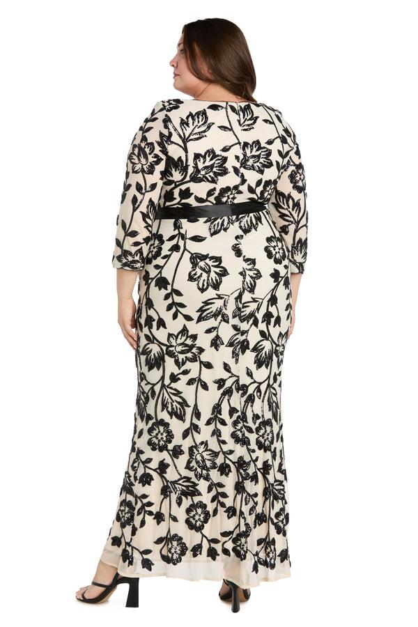 R&m Richards Champagne & Black Long Floral Beaded Gown - Plus