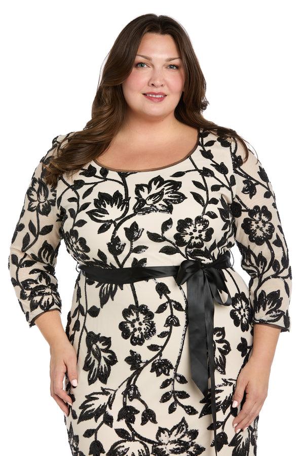 R&m Richards Champagne & Black Long Floral Beaded Gown - Plus