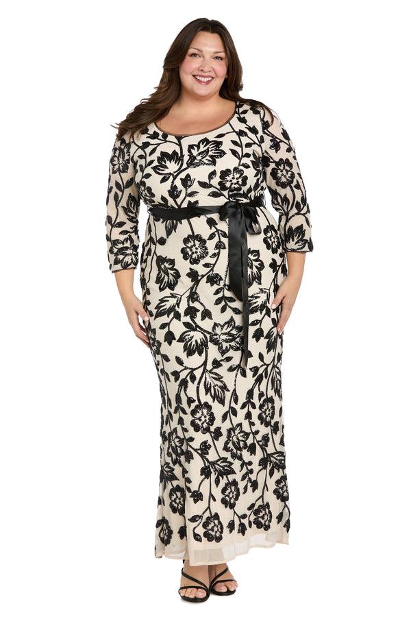 r&m richards Champagne & Black Long Floral Beaded Gown - Plus