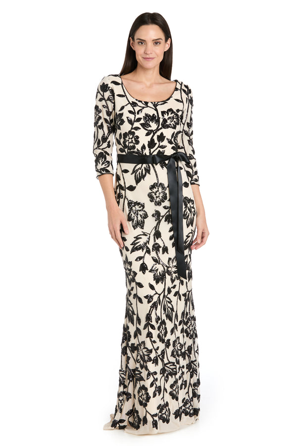 r&m richards Champagne & Black Long Floral Beaded Gown