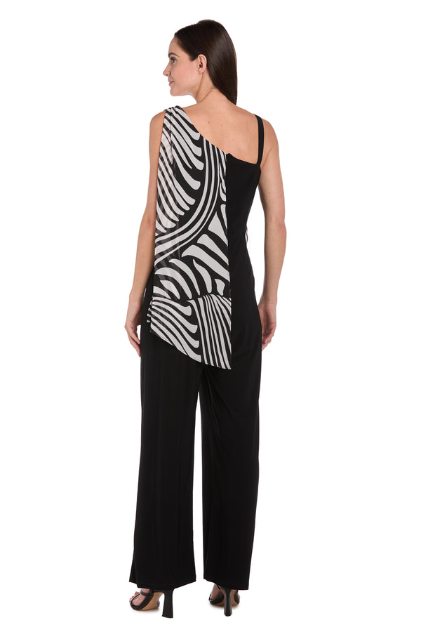 R&m Richards Chic Long Jumpsuit With Stretch ITY Pants & Zebra-Print Chiffon Overlay