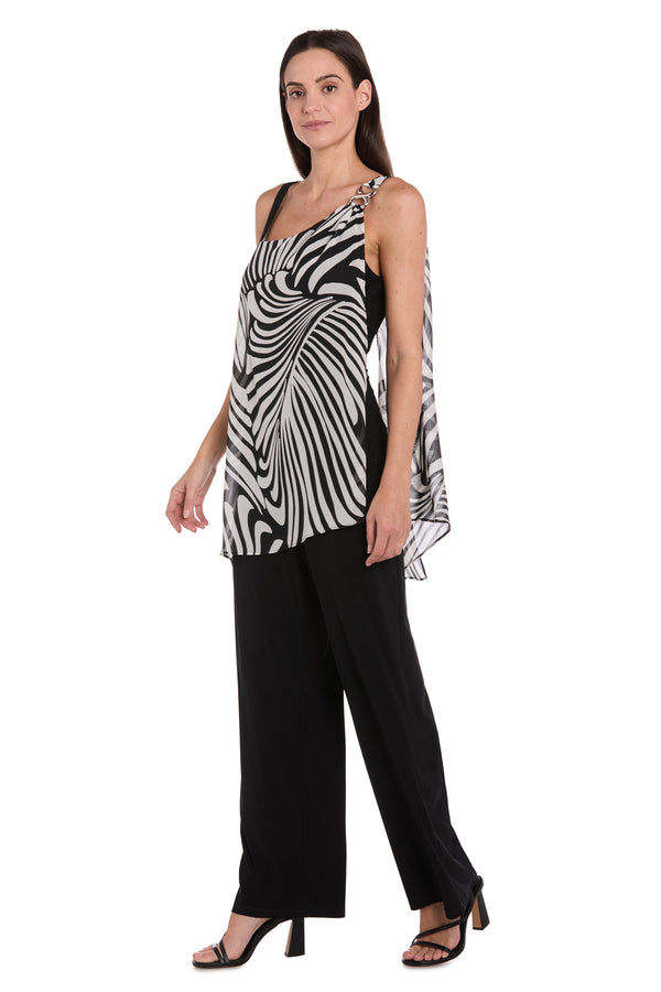 R&m Richards Chic Long Jumpsuit With Stretch ITY Pants & Zebra-Print Chiffon Overlay