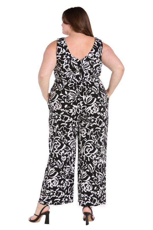 R&m Richards Chic Versatility: Black & White Patterned Cross-Over Jumpsuit - Plus