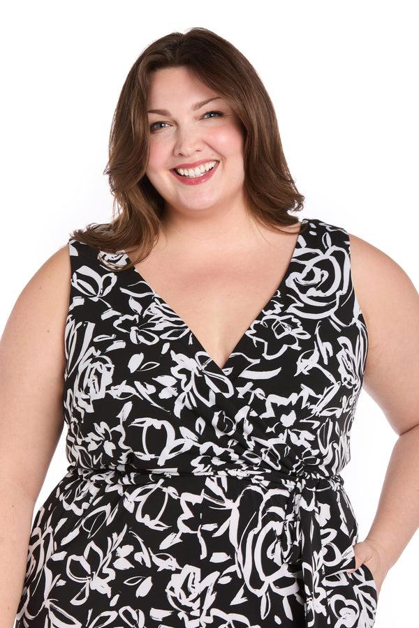 R&m Richards Chic Versatility: Black & White Patterned Cross-Over Jumpsuit - Plus