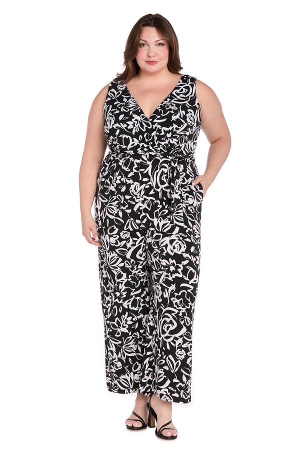 r&m richards Chic Versatility: Black & White Patterned Cross-Over Jumpsuit - Plus