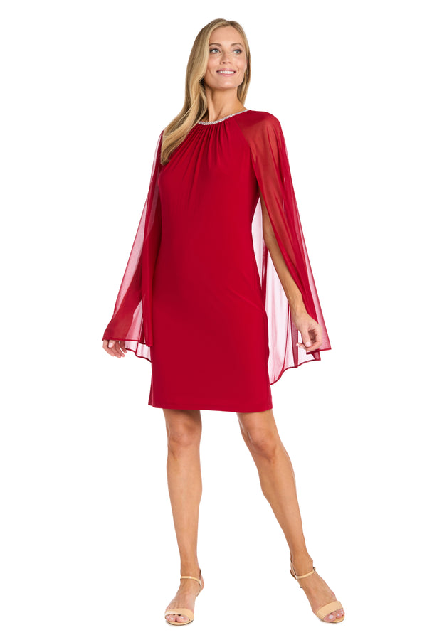 R&m Richards Chiffon Dress With Rhinestone Neckline And Sheer Capelet - Petite