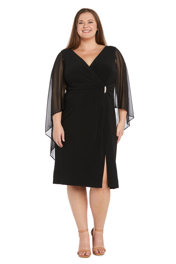 r&m richards Cocktail Dress with Rhinestone Waist Detail and Asymmetric Cascade Caplet - Plus